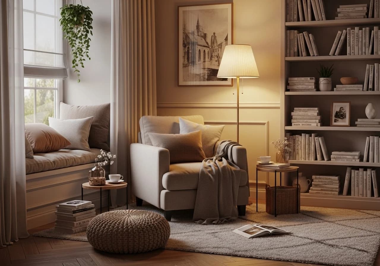 Cozy reading nook with cushioned seat, pillows, soft throw, warm lighting, and bookshelves creating a relaxing corner for reading.