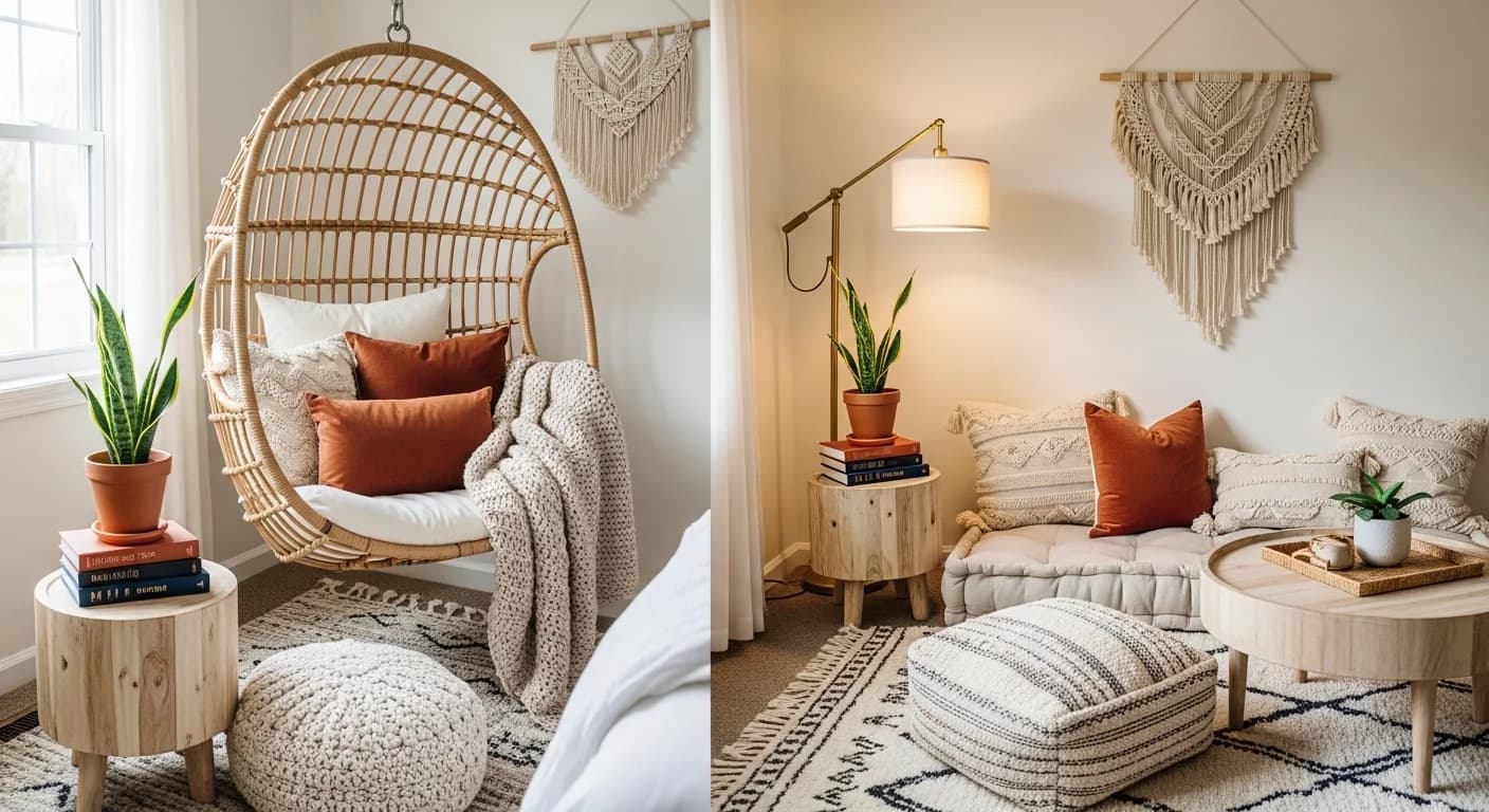 Boho style bedroom corner with floor cushion seating and warm decor accents