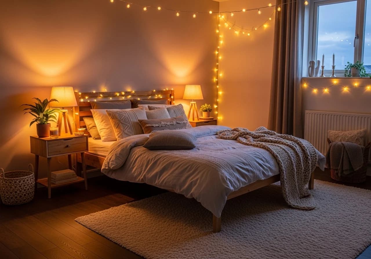 Cozy bedroom with fairy lights, bedside lamps, and warm ambient lighting creating a relaxing and inviting mood.