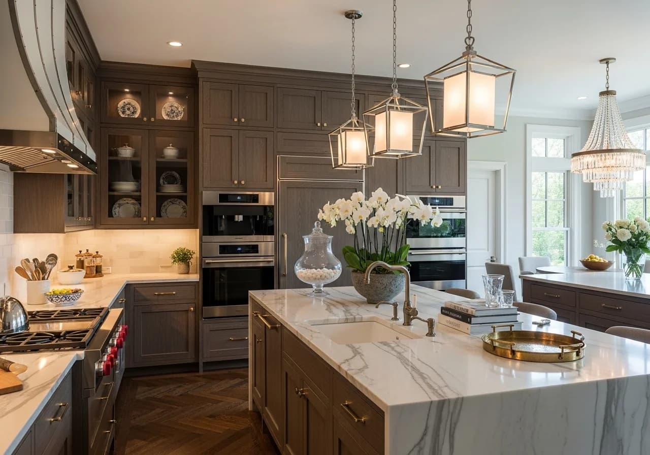 Budget-friendly luxury kitchen with laminate counters, stylish appliances, and gold-toned accents.