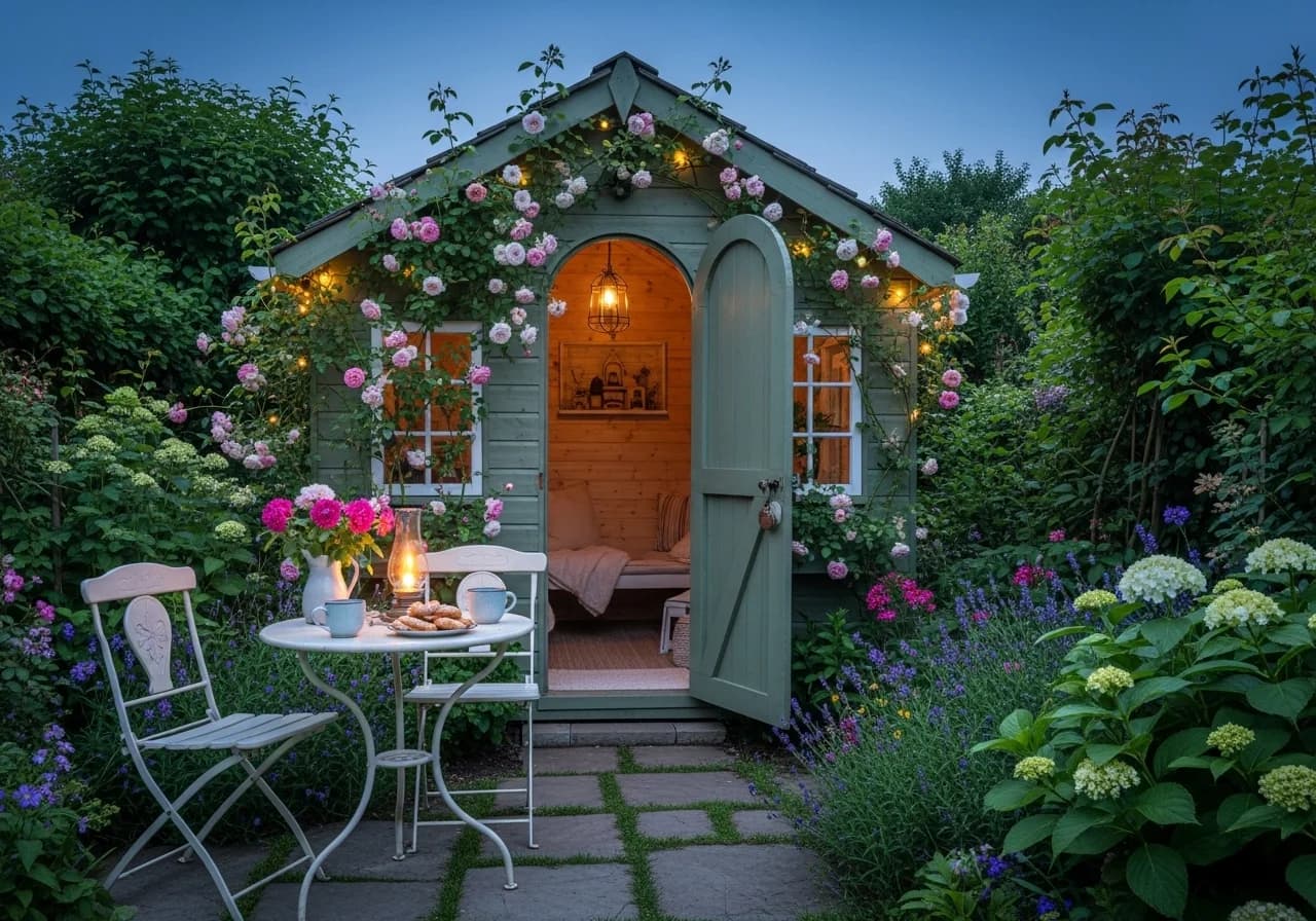 Small garden house ideas featuring a cozy corner nook with climbing roses and fairy lights in the backyard.