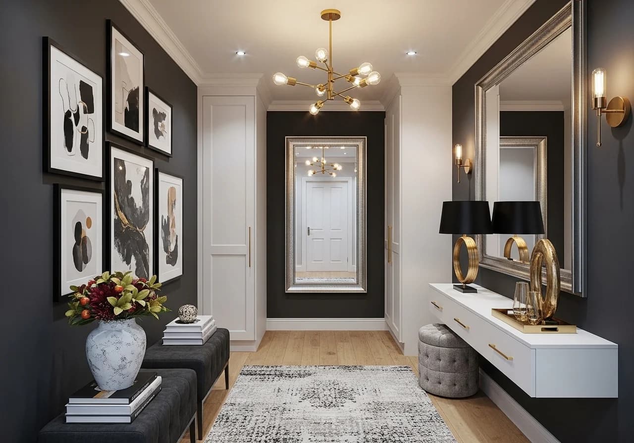 A stylish and functional hallway with wall decor, mirrors, storage, and ambient lighting creating a welcoming entry.
