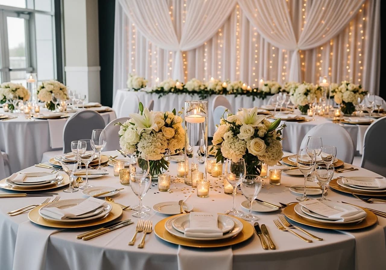 Elegant party setup featuring chic table settings, white flowers, and gold accents, creating a classy and sophisticated atmosphere.