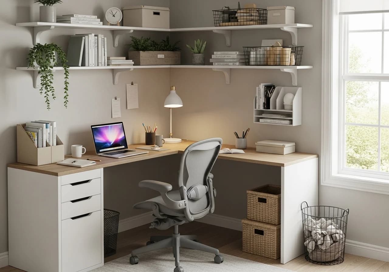 Compact home office designed for a small space: corner desk with laptop and minimal office supplies; ergonomic chair tucked neatly under the desk; wall-mounted shelves holding books, plants, and decorative items; baskets and organizers for tidy storage; natural light from a nearby window illuminating the space; modern, clean, and cozy small home office setup emphasizing efficient use of limited space.